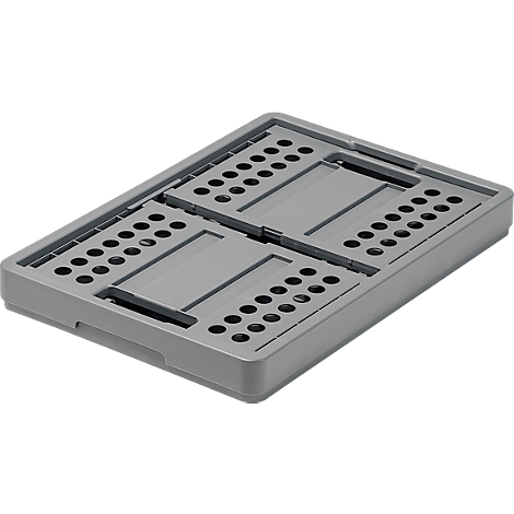 Gray rectangular collapsible plastic crate with ventilation holes. Two folding lids, one side open.