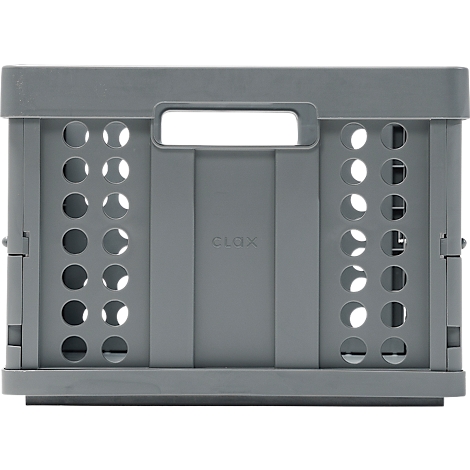 Gray foldable crate with holes and handle. "GLOX" is engraved on the front.