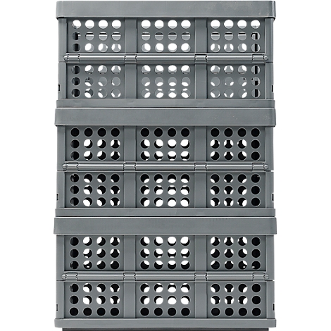 Grey, folded storage box with holes, stacked on top of each other.