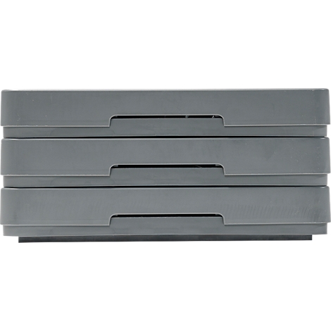 Three gray drawers, slightly offset and arranged one above the other.