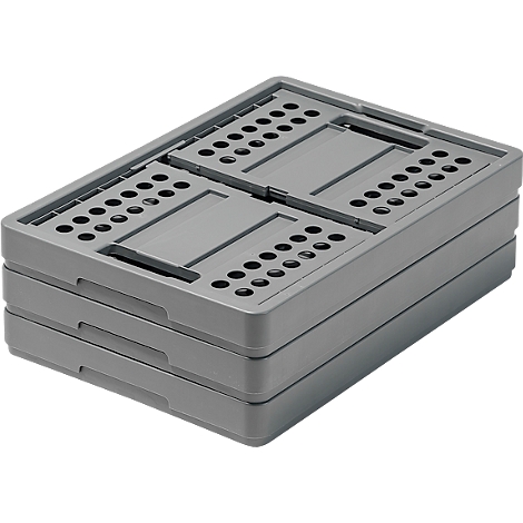 Gray, folded plastic boxes stacked on top of each other. The tops are perforated.