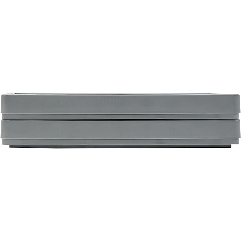 Gray, rectangular planter with horizontal grooves.