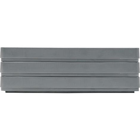 Grey dresser with three drawers. The fronts are horizontally structured.
