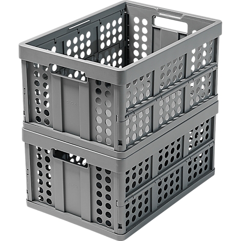 Two gray, foldable crates, stacked on top of each other.