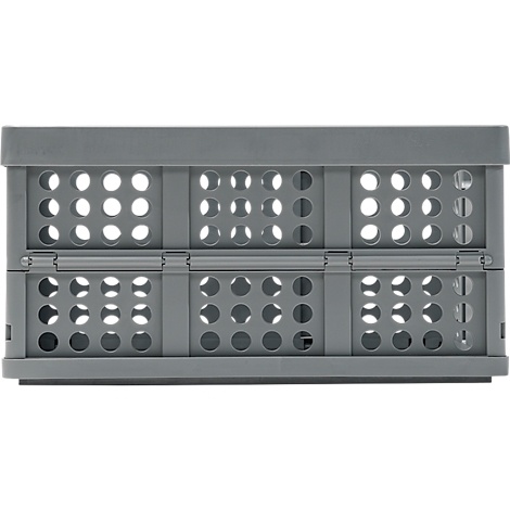 Grey, folded storage box with holes in the surface. It is made of plastic.