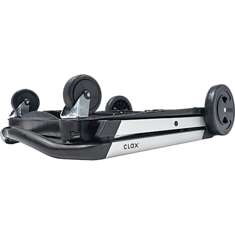 A folded black transport cart with silver elements and the lettering "CLAX".