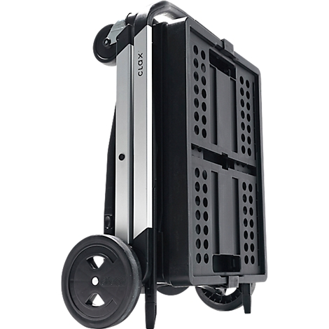 Black, folded shopping cart with silver accents and wheels. "CLOX" is written on the side.