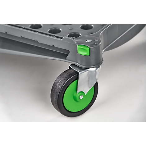 Close-up of a cart, focus on wheel. Black tire, green wheel hub. Grey cart, green button.