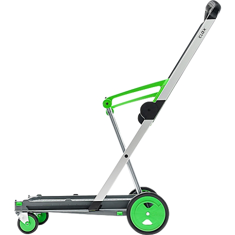 Grey folding cart with green elements and wheels. The handle has the lettering CLOX. On a white background.