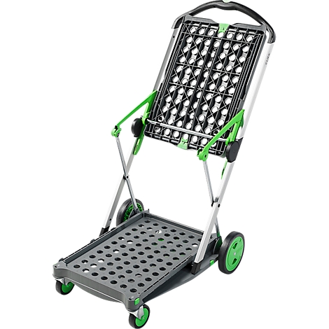 Grey folding cart with green accents. It has four wheels and a black loading area. The handle is black.