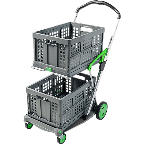 Gray shopping trolley with two baskets. The handle and elements are green.