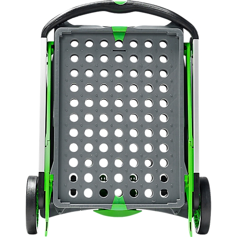 Top view of a shopping trolley with a gray perforated basket and green accents. Black wheels and handle.