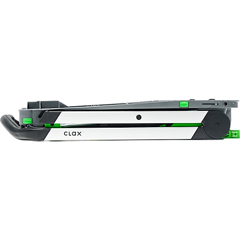 Side view of a black and white product with green accents. The word CLAX is legible.