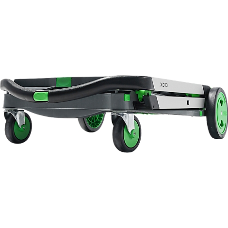 A gray and green transport trolley with four wheels. The handle is black, the wheels green.