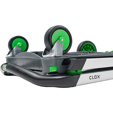 Close-up of a folded transport cart. Black wheels with green centers, grey frame, green button, word "clax".