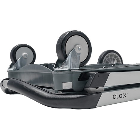 Close-up of a grey trolley with three wheels. The word CLAX is visible on the side.