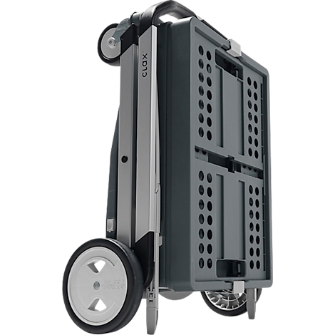 Grey, folded shopping cart with black wheels and handle.