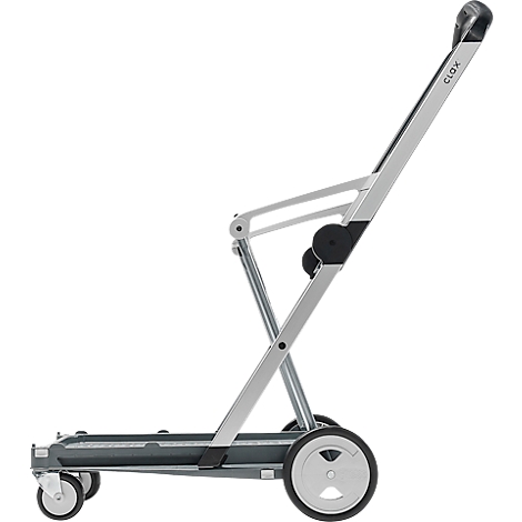 Grey foldable shopping cart, side profile, with black handle and wheels.