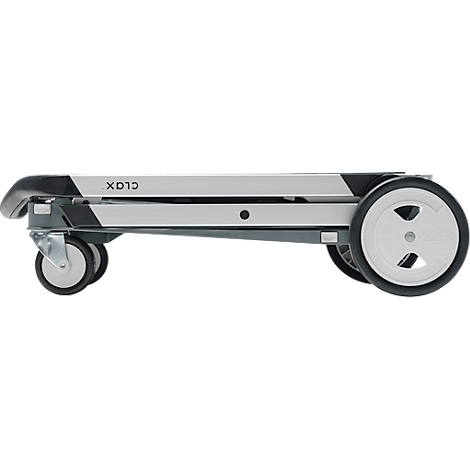 Folded gray trolley. Black details on frame and wheels, with the inscription "X013".