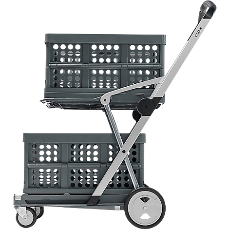 Grey shopping trolley with two baskets, silver handles and wheels.