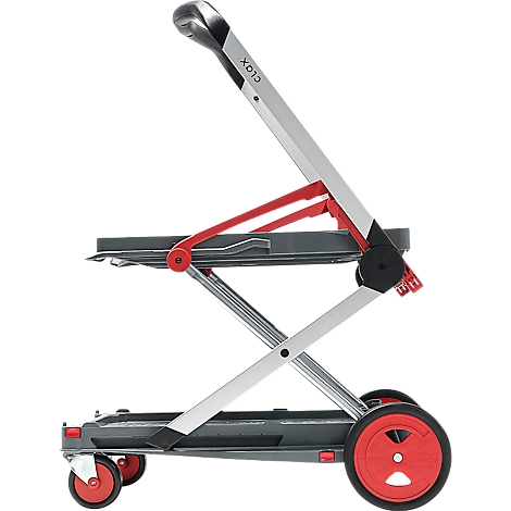 Grey, foldable transport cart with red accents and wheels. The handle has the lettering CLOQ.