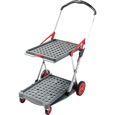 Grey shopping trolley with two shelves, red details and wheels.