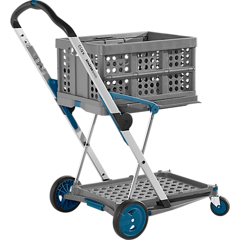 Grauer Einkaufstrolley mit blauen Rädern und Henkel. Der Trolley ist zusammenklappbar und hat ein Fach für Einkäufe.