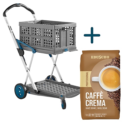 Chariot de courses gris avec des accents bleus et un paquet de café. Un signe plus les relie.