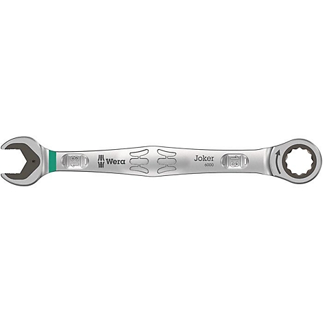 Clé mixte métallique de Wera, modèle Joker. Argenté avec des touches de vert, lettrage.