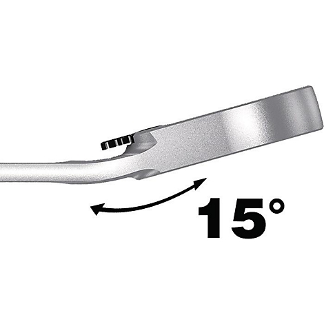 Composant métallique gris avec flèche et indication d'angle de 15 degrés.