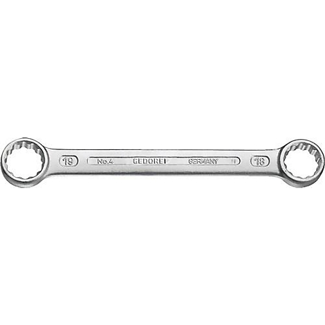 Clé à double anneau, brillance métallique. Inscription : GEDORE Allemagne, tailles 19 et 18.