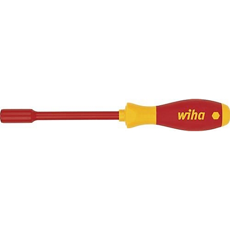 Une clé à douille rouge avec une poignée jaune sur laquelle est inscrit "wiha".