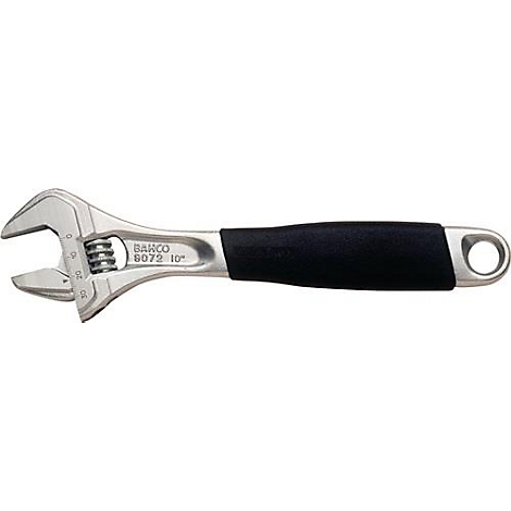 Clé à molette avec une poignée noire et une extrémité ouverte.