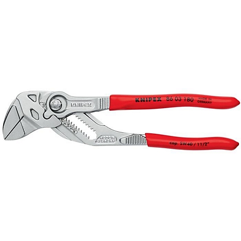 Une pince multiprise Knipex avec des poignées rouges, en acier, le texte "KNIPEX" et "56 03 180" est visible.