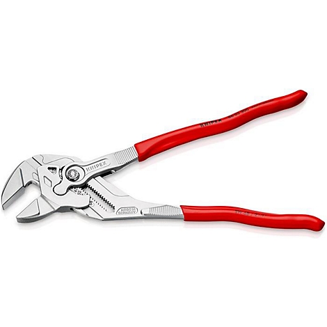 Une pince multiprise chromée avec des poignées rouges est posée sur un fond blanc. "KNIPEX" est gravé sur le métal.