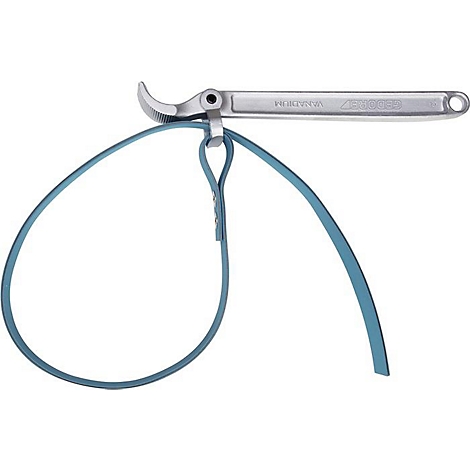 Une clé à filtre à huile argentée avec une sangle bleue. La clé est marquée "VANADIUM" et "STROTECH".