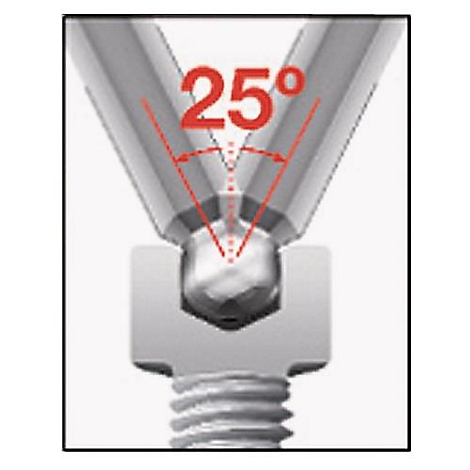 Dessin technique montrant un angle de 25 degrés, marqué en rouge, sur une attache.