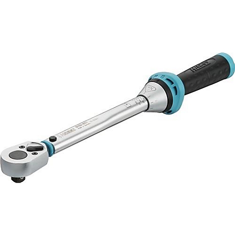 Clé dynamométrique. Métallique, avec poignée noire et éléments turquoise.