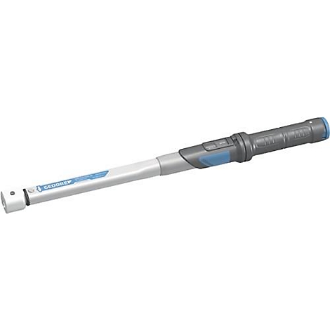Une clé dynamométrique grise et bleue, avec une poignée et une échelle. La marque GEDORE est visible.