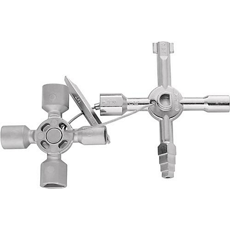 Deux outils carrés argentés reliés par un fil.