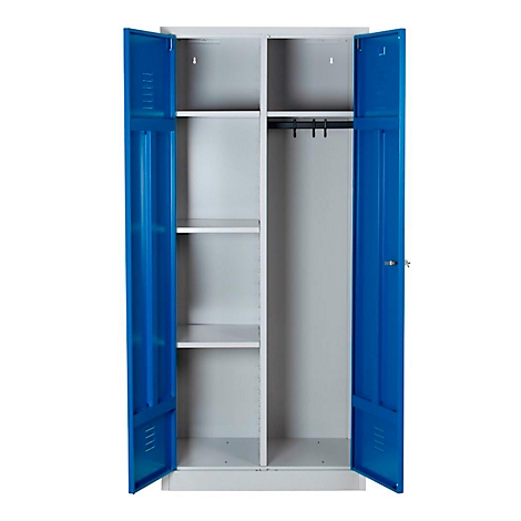 Open metal cabinet with blue doors and gray interior, two shelves and a clothes rail.