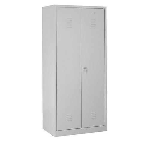Gray steel cabinet with double doors, ventilation slots, and a lock.