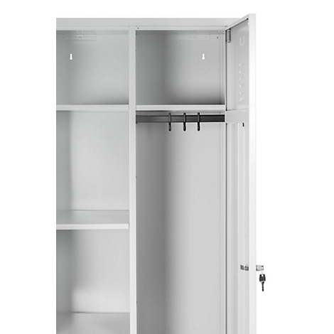 View into a white cabinet, with an open door. Inside the cabinet there are shelves and a clothes rail with hooks.