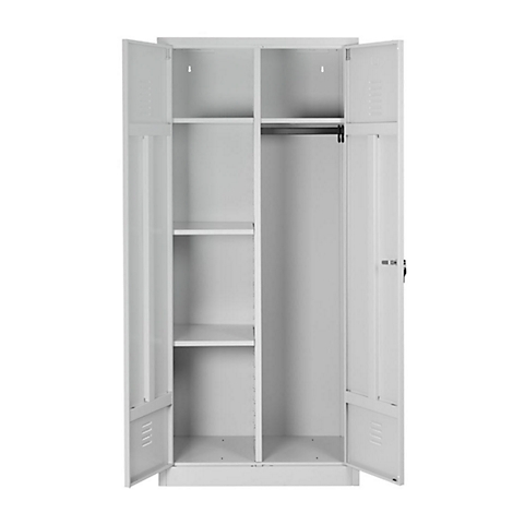 White steel cabinet with open doors. Inside compartments, bar and empty storage space.