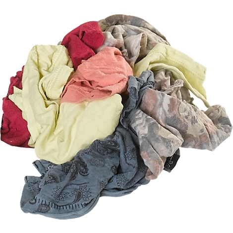 A pile of crumpled fabric pieces in various colors: red, yellow, pink, gray, and blue.