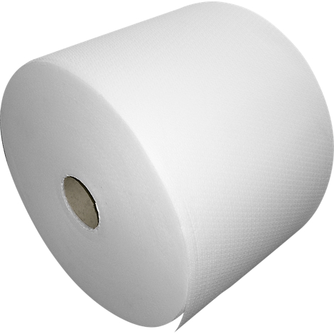 White paper towel roll, rolled up, with visible texture.