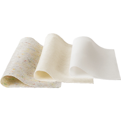 Three rolled fabric sheets in beige, cream, and white; textured surface, gentle curves.