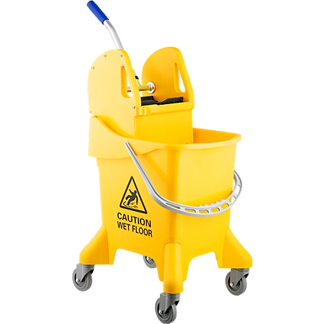 Yellow mop bucket with wheels and warning sign. Blue handle and metal handle. Text: Caution, wet floor.
