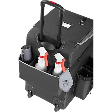 Black cleaning cart with spray bottles, wheels and handle.