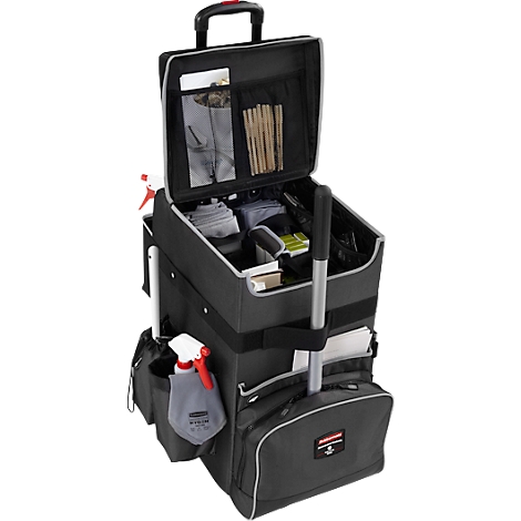Open black cleaning cart filled with cleaning supplies and accessories. Bottles with spray nozzles on the side.